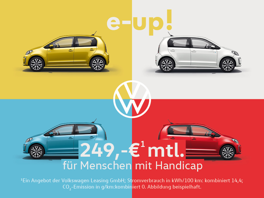 Der VW e-up zum Sonderpreis inkl. BAFA-Prämie für Menschen mit Handicap –  sofort verfügbar und in verschiedenen Farben.