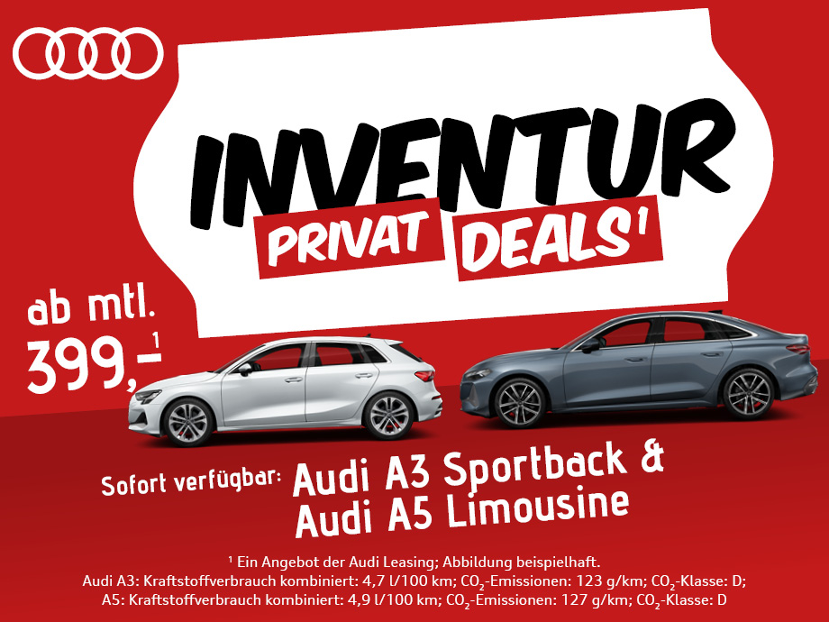 Warum warten? Audi A3 und A5 Limousine ab 399,- €¹ mtl. im Privatleasing. Sofort verfügbar...