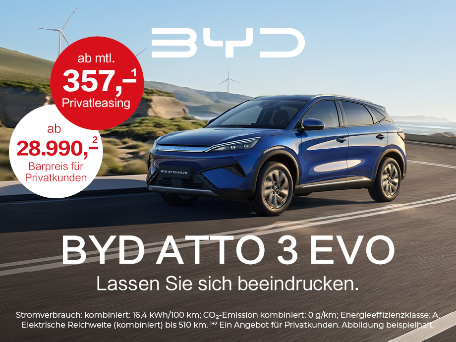 Illustration: Der BYD ATTO 3 EVO für 357,- €¹ im Privatleasing bei POTTHOFF.
