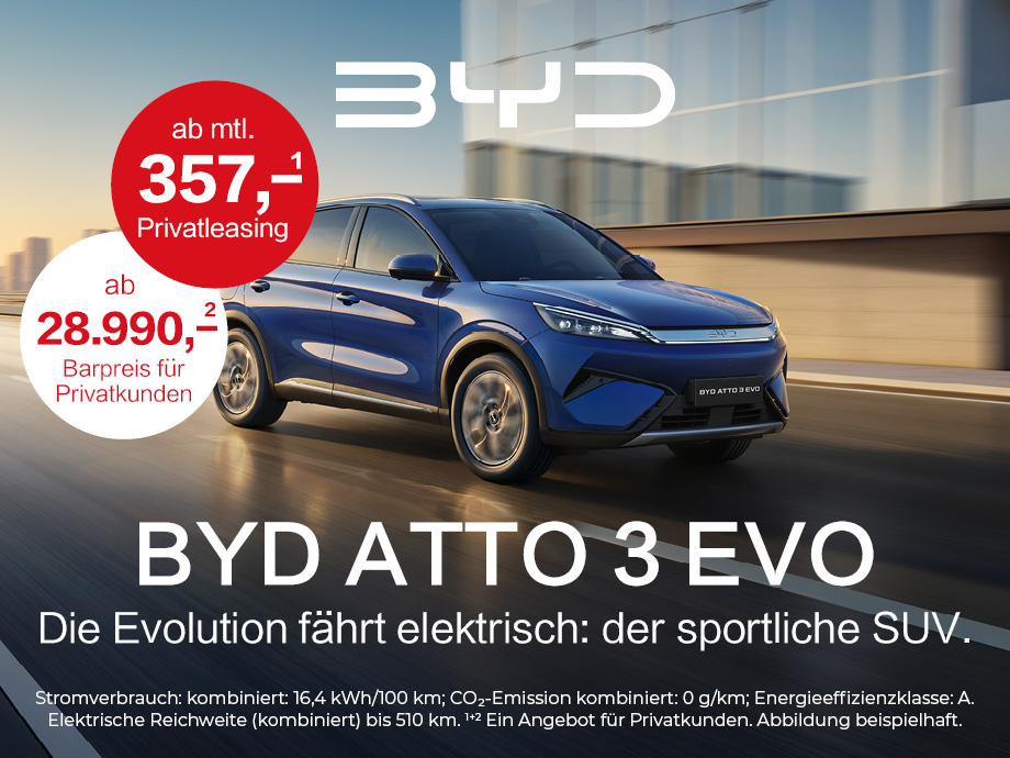 Illustration: Der BYD ATTO 3 EVO für 357,- €¹ im Privatleasing bei POTTHOFF.