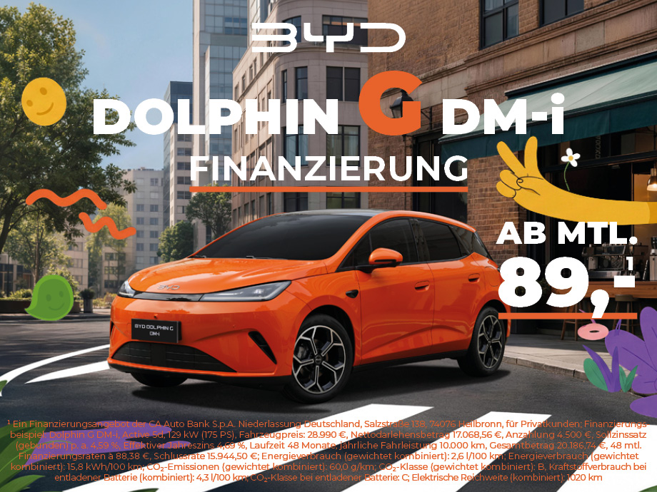 Vom Ozean inspiriert. Sichern Sie sich jetzt den brandneuen BYD Dolphin G DM-i für nur 89,...