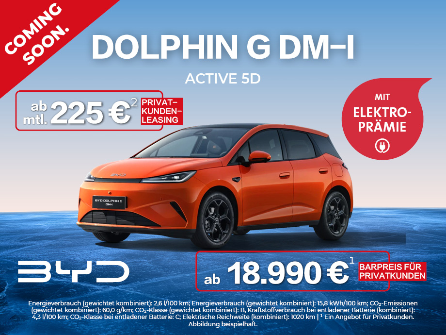 Der brandneue BYD DOLPHIN G DM-i. Der DOLPHIN jetzt auch als Hybrid verfügbar. Genius.