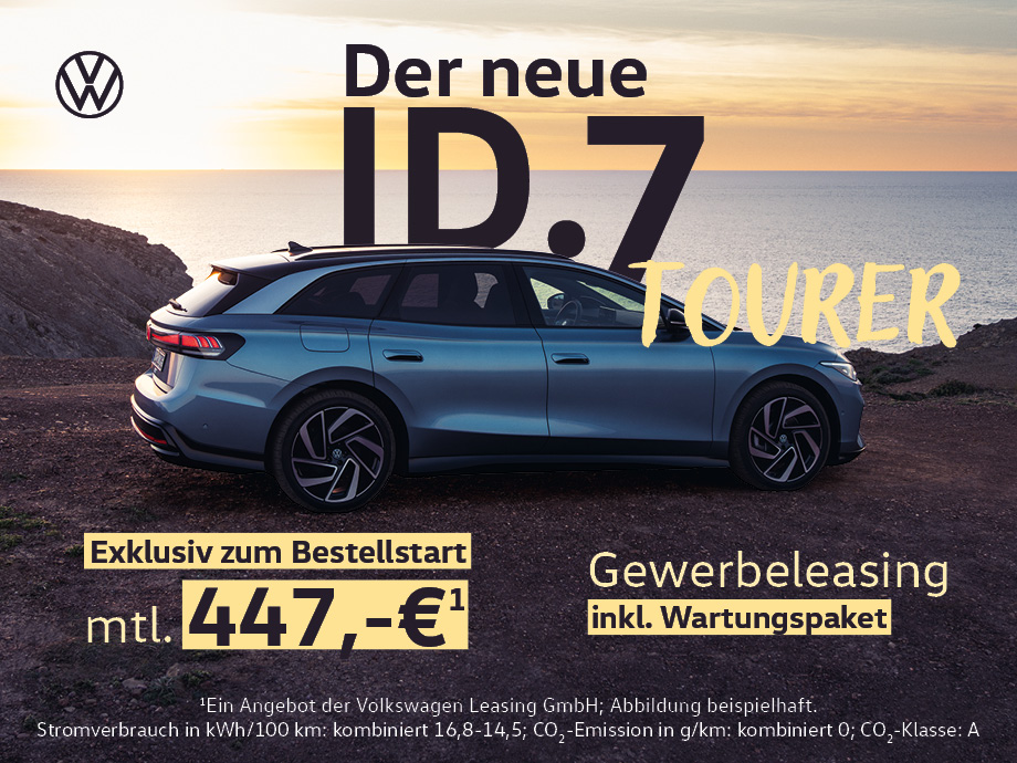 Der neue ID.7 Tourer – jetzt mit der Hersteller-Prämie sparen. Im Gewerbeleasing ab nur 447,- € mtl.¹ inklusive Wartungspaket.