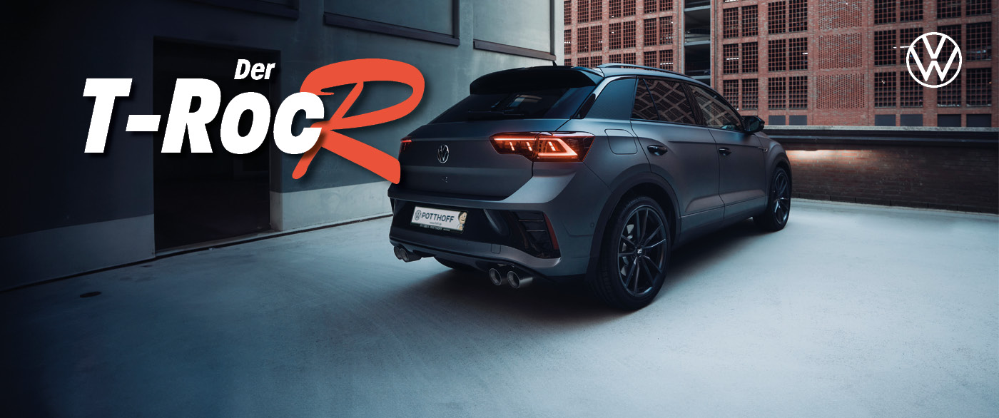 Herobild: Der VW T-Roc R in mattgrau – 300 PS für Sie im Gewerbeleasing ab mtl. 348,- €¹....
