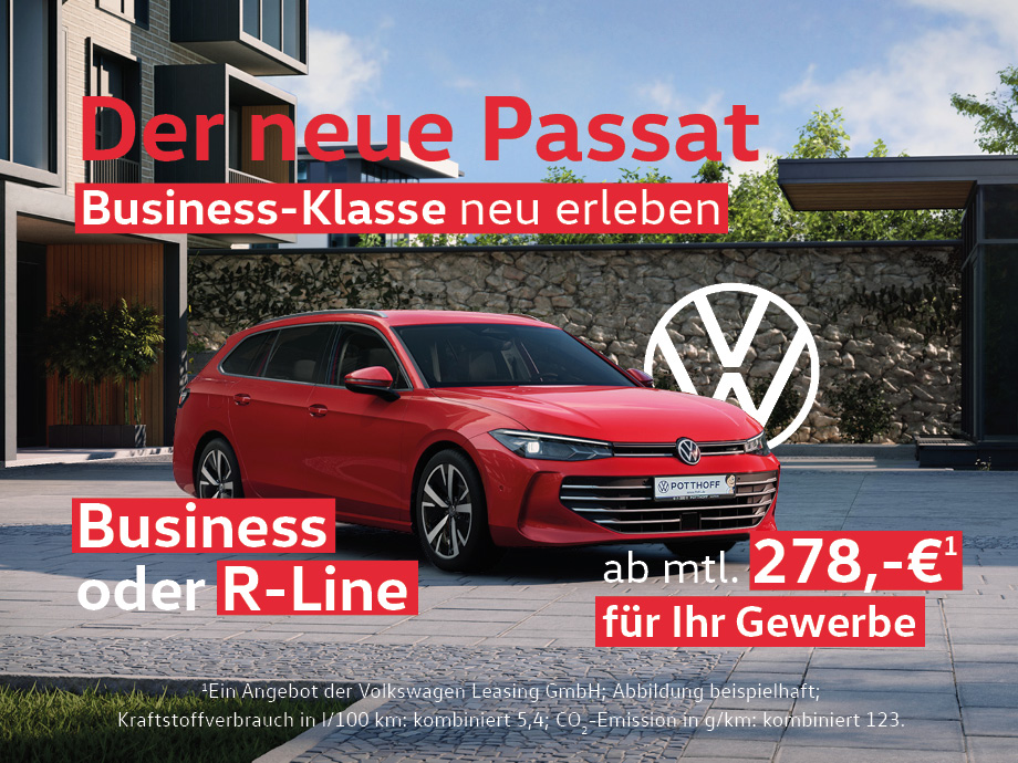 Der neue Passat – sichern Sie sich das neue Modell ab 278,- mtl.¹ im Gewerbe-Leasing. Business-Klasse neu erleben!
