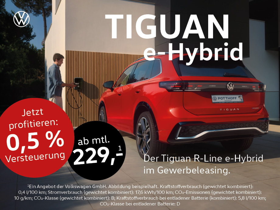 Illustration zur Abbildung des Angebotes: Doppelt gut: Der VW Tiguan eHybrid im Gewerbeleasing ab 229,- € mtl.¹ bei POTTHOFF!