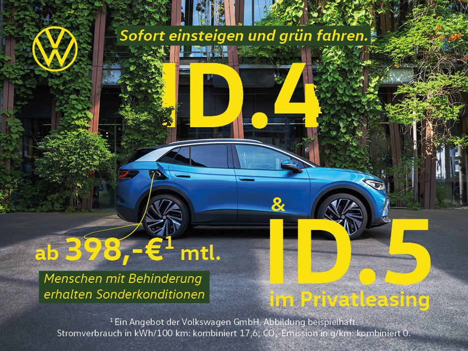 Die elektrisierenden VW ID. 4 und 5 jetzt im Privatkunden-Leasing – sichern Sie sich die sofort verfügbaren VW Modelle ab 398,- € mtl.¹!