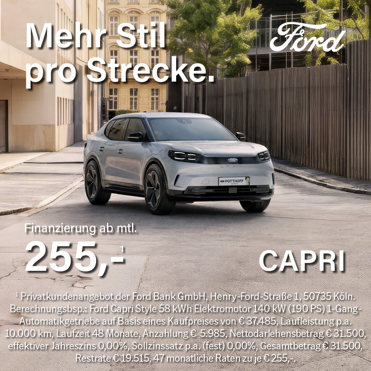 Illustration: Der Ford Capri in der 0 %-Finanzierung für Gewerbekunden ab 255,- €¹ mtl.