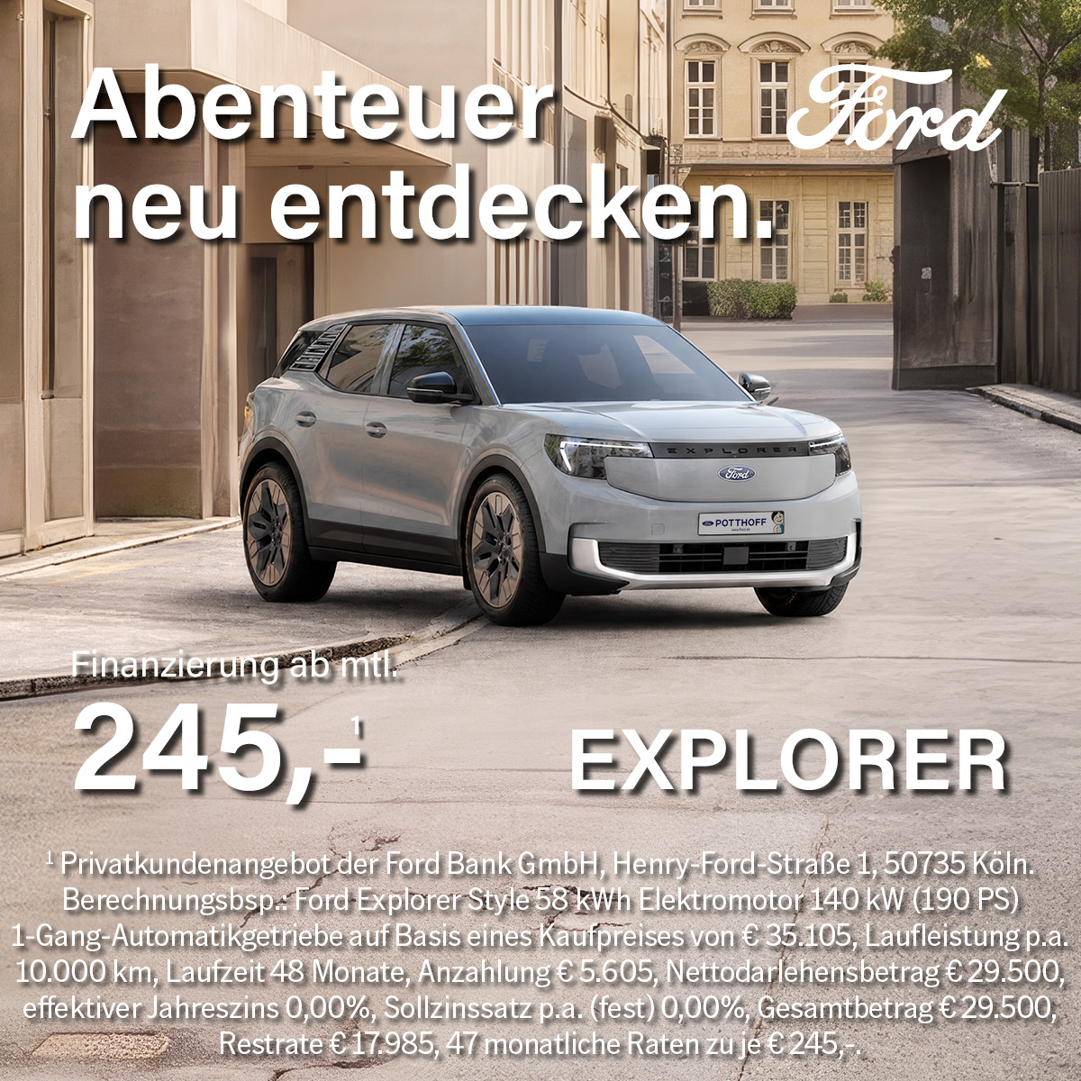 Illustration: Der Ford Explorer in der 0 %-Finanzierung für Gewerbekunden ab 245,- €¹ mtl.