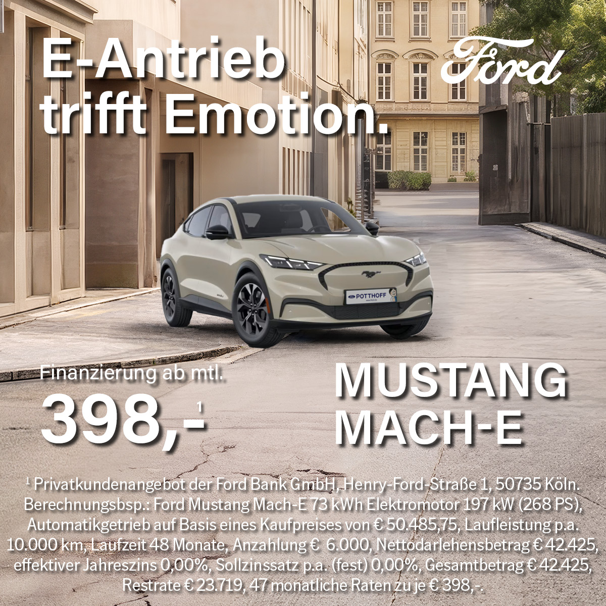 Illustration: Der Ford Mustang Mach-E in der 0 %-Finanzierung für Gewerbekunden ab 398,- €¹ mt...