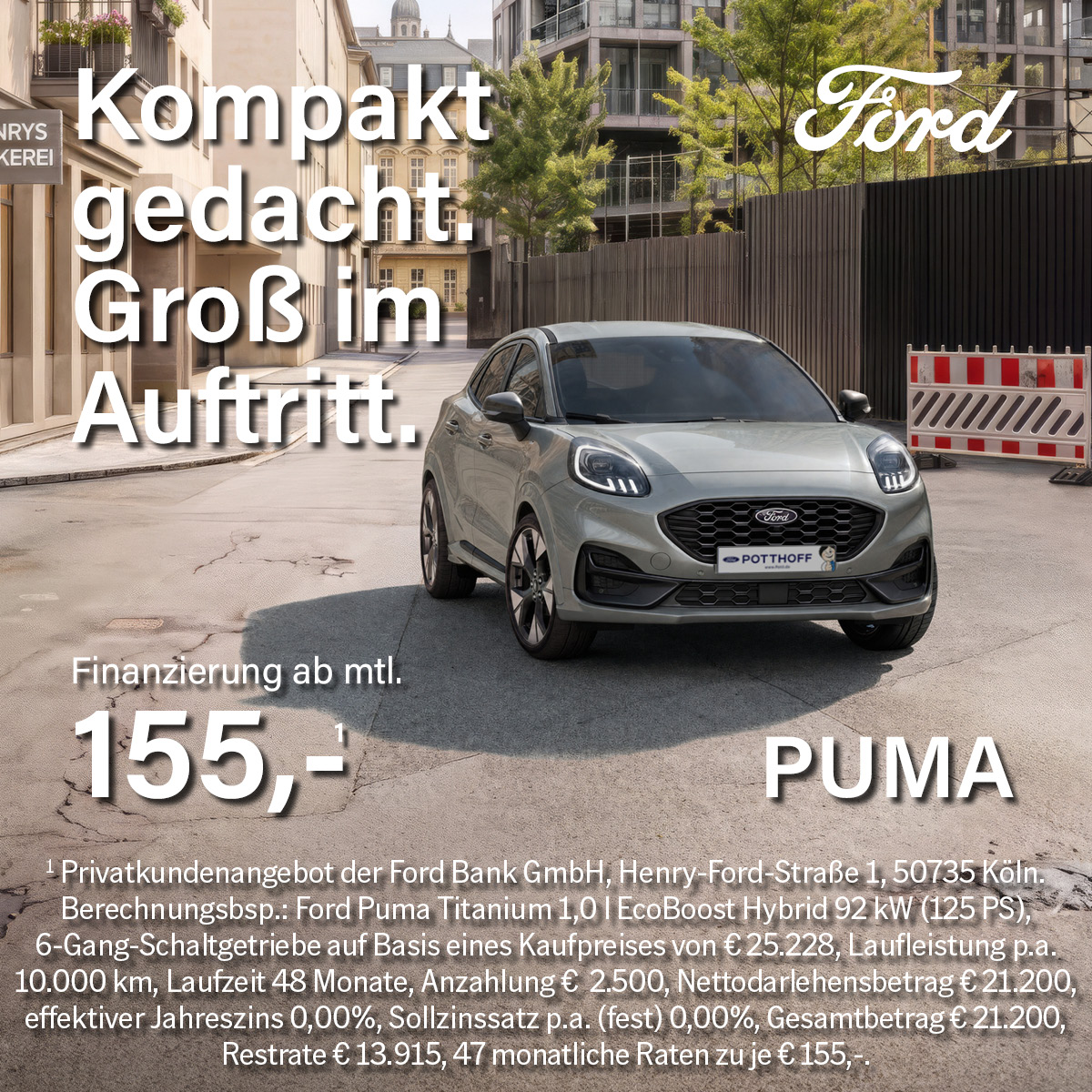 Illustration: Der Ford Puma in der 0 %-Finanzierung für Gewerbekunden ab 155,- €¹ mtl.