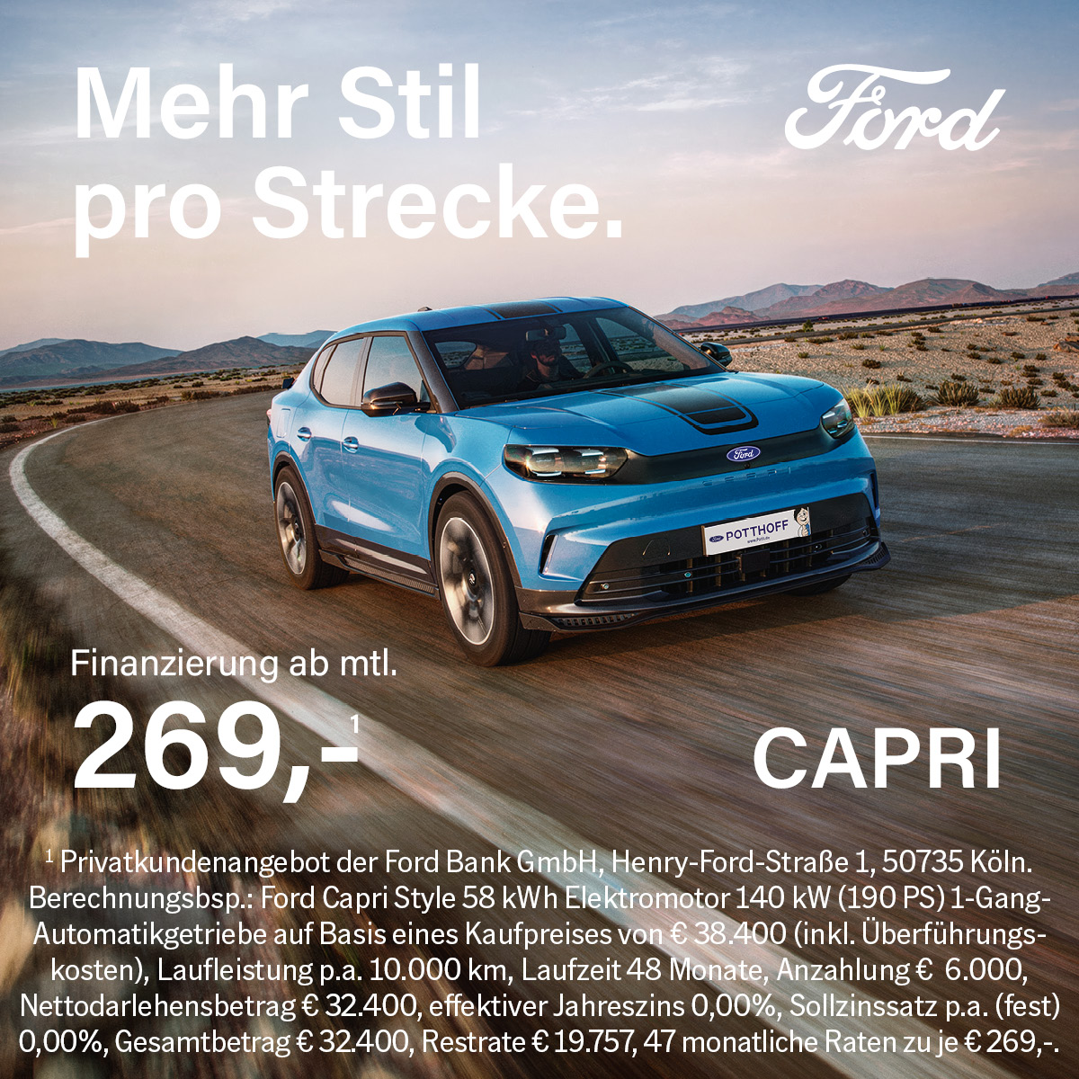 Illustration: Der Ford Capri in der 0 %-Finanzierung für Privatkunden ab 269,- €¹ mtl.