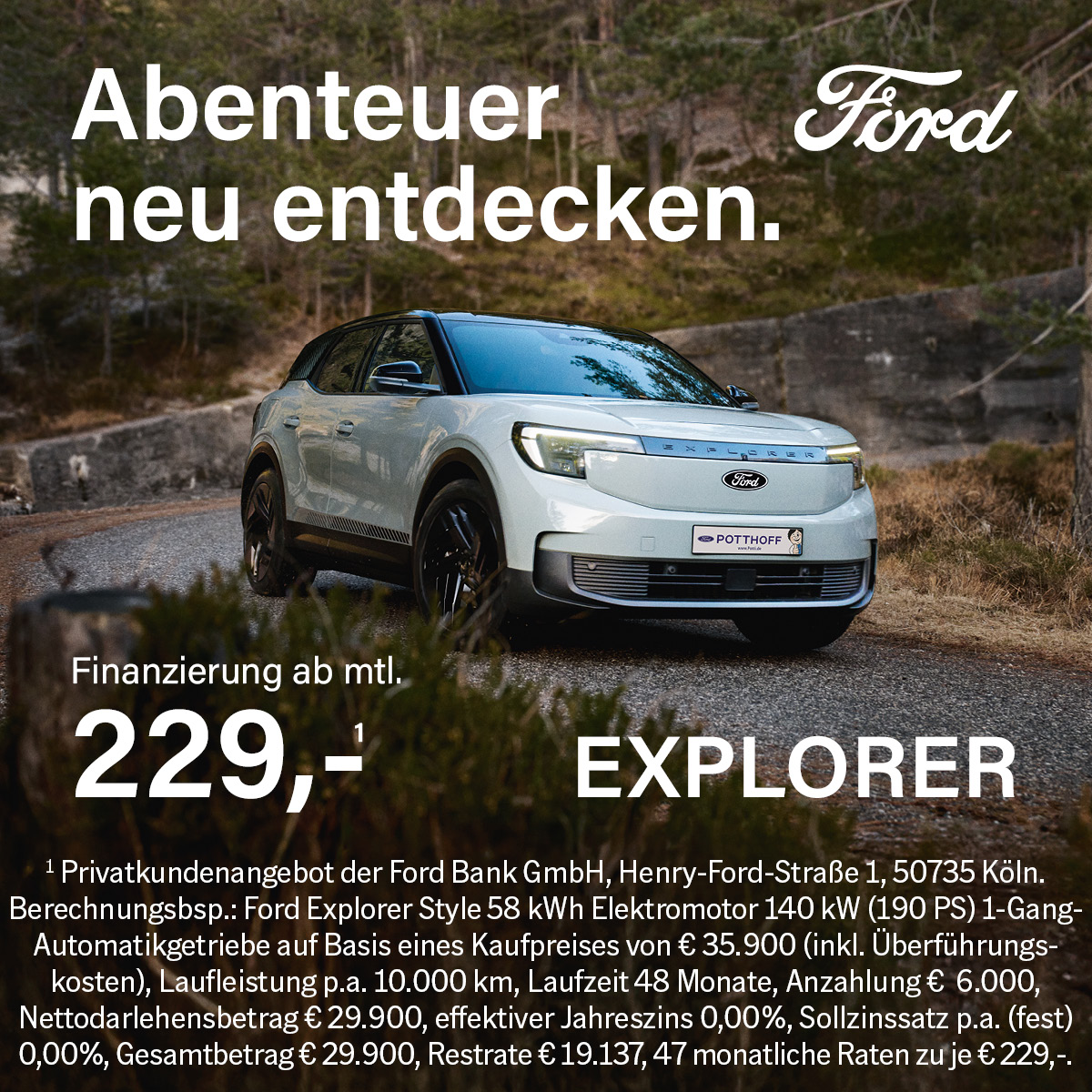 Illustration: Der Ford Explorer in der 0 %-Finanzierung für Privatkunden ab 229,- €¹ mtl.