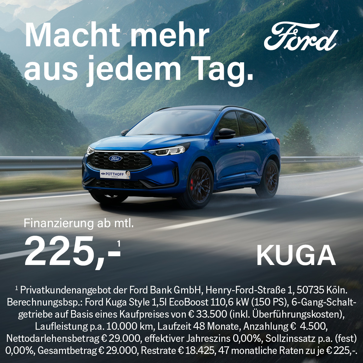 Illustration: Der Ford Kuga in der 0 %-Finanzierung für Privatkunden ab 225,- €¹ mtl.