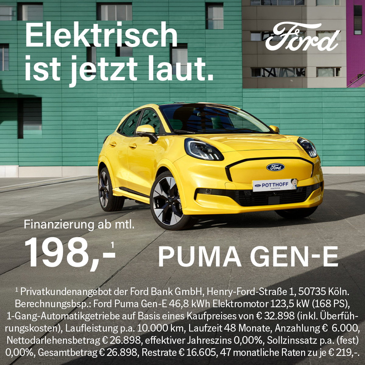 Illustration: Der Ford Puma Gen-E in der 0 %-Finanzierung für Privatkunden ab 198,- €¹ mtl.