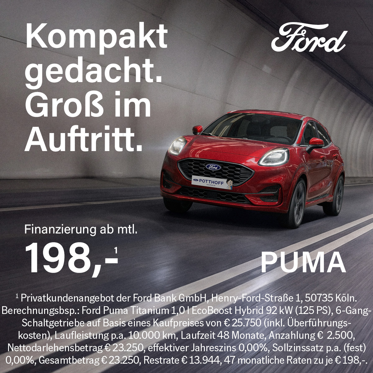 Illustration: Der Ford Puma in der 0 %-Finanzierung für Privatkunden ab 198,- €¹ mtl.