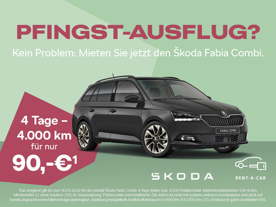Pfingst-Ausflug! Vier Tage und 4.000 Freikilometer – der Škoda Fabia Combi für nur 90,- €!¹