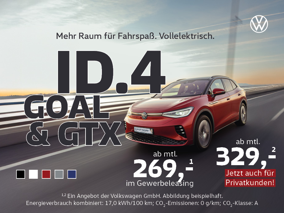 Nur für kurze Zeit – VW ID.4 Goal und ID.4 GTX vollelektrisch leasen ab mtl. 269,- €¹!