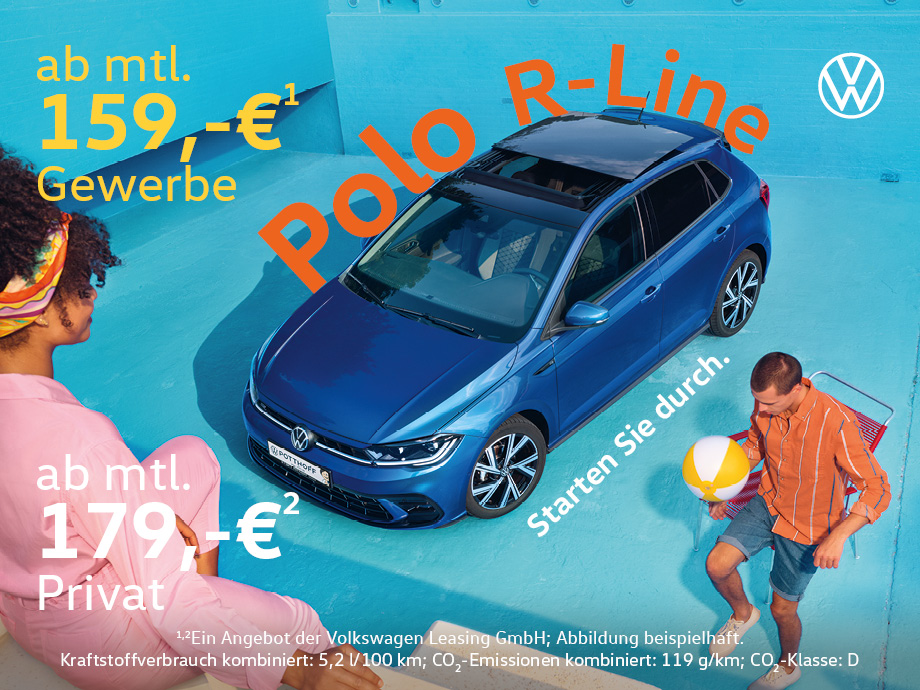 Der Polo R-Line mit DSG jetzt ab mtl. 159,- €¹ im Gewerbe- und Privatkundenleasing. Nur noch bis zum 31.03.2024.