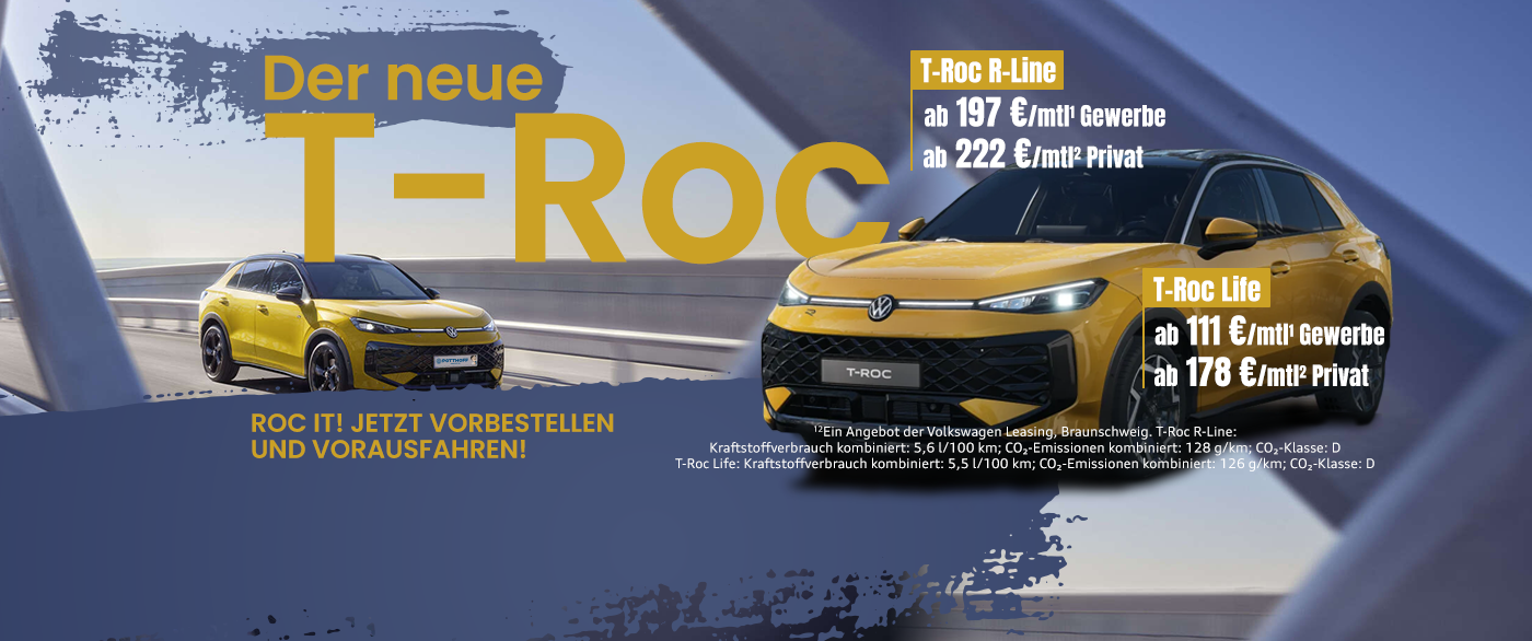 Herobild: Roc on bei POTTHOFF! Sportlich. Flexibel. Komfortabel. Der neue VW T-Roc – mehr...