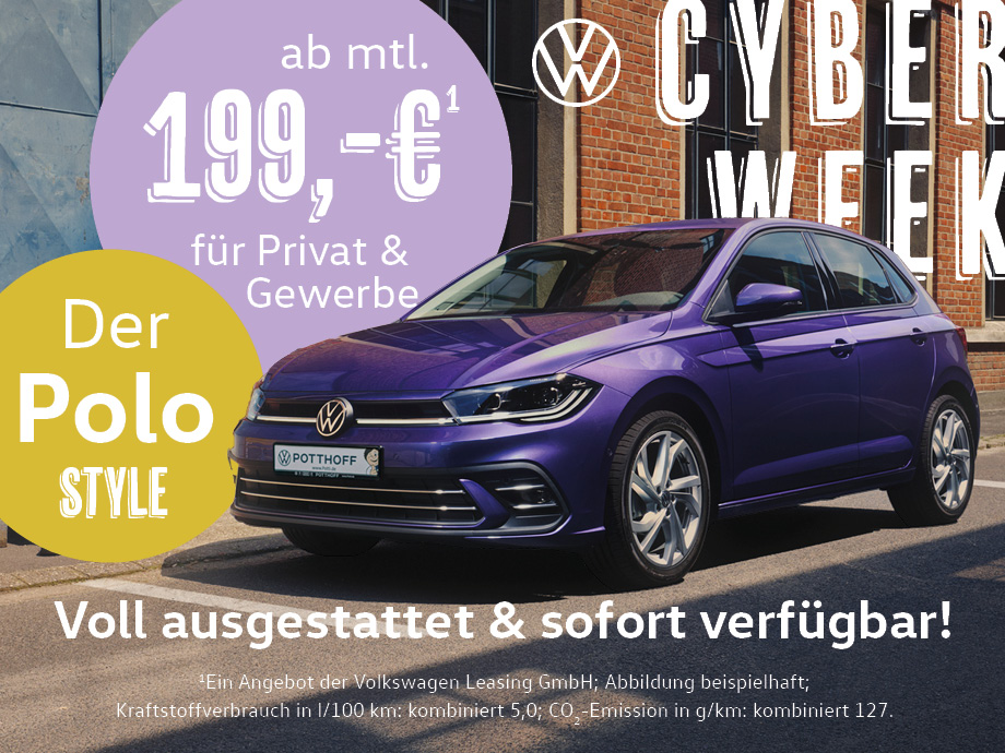 Sichern Sie sich jetzt den vollausgestatteten VW Polo Style im Privat- und Gewerbeleasing ab unschlagbaren 199,- €¹ mtl. In begrenzter Stückzahl vorrätig.
