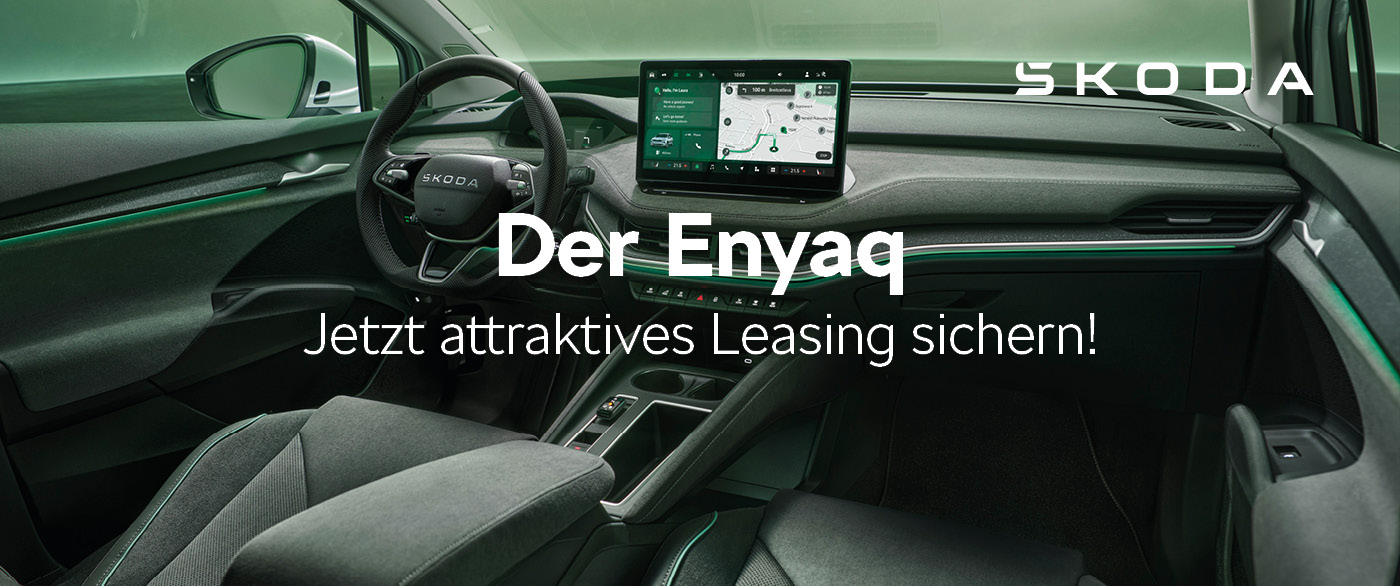 Herobild: Einsteigen und wohlfühlen. Der Škoda Enyaq im Privat- und Gewerbeleasing ab 184,...
