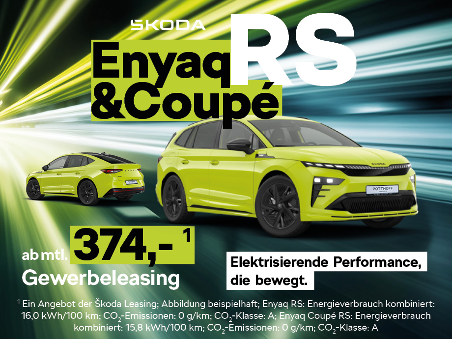Ab sofort bestellbar – der vollelektrische Škoda Enyaq RS und Enyaq Coupé RS ab 374,- €¹ mtl.