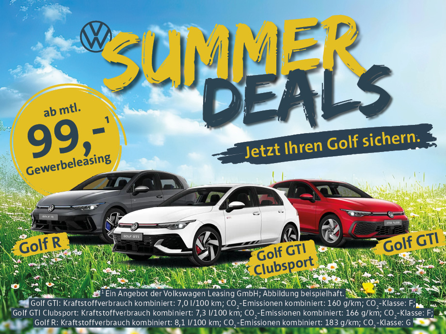 Illustration: Summer Deals bei POTTHOFF: Die GTI-Ikonen jetzt im Gewerbeleasing ab 99,- €¹ mtl...