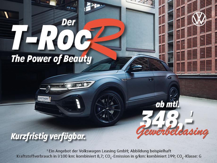 Der VW T-Roc R in mattgrau – 300 PS für Sie im Gewerbeleasing ab mtl. 348,- €¹. Kurzfristi...