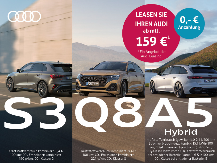Illustration: Audi S3, Q8 oder A5 Hybrid für Ihren Fuhrpark schon ab 159 ,- €¹ im Monat sicher...