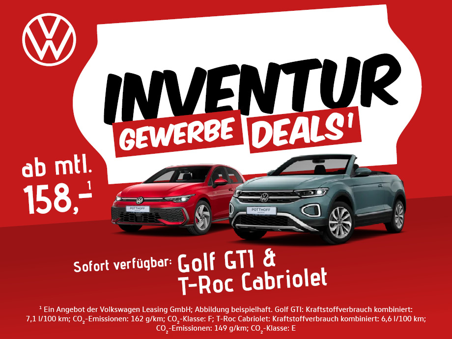 Volkswagen Inventur-Deals für Ihren Fuhrpark – Golf GTI und T-Roc Cabriolet ab 158,- €¹ mt...