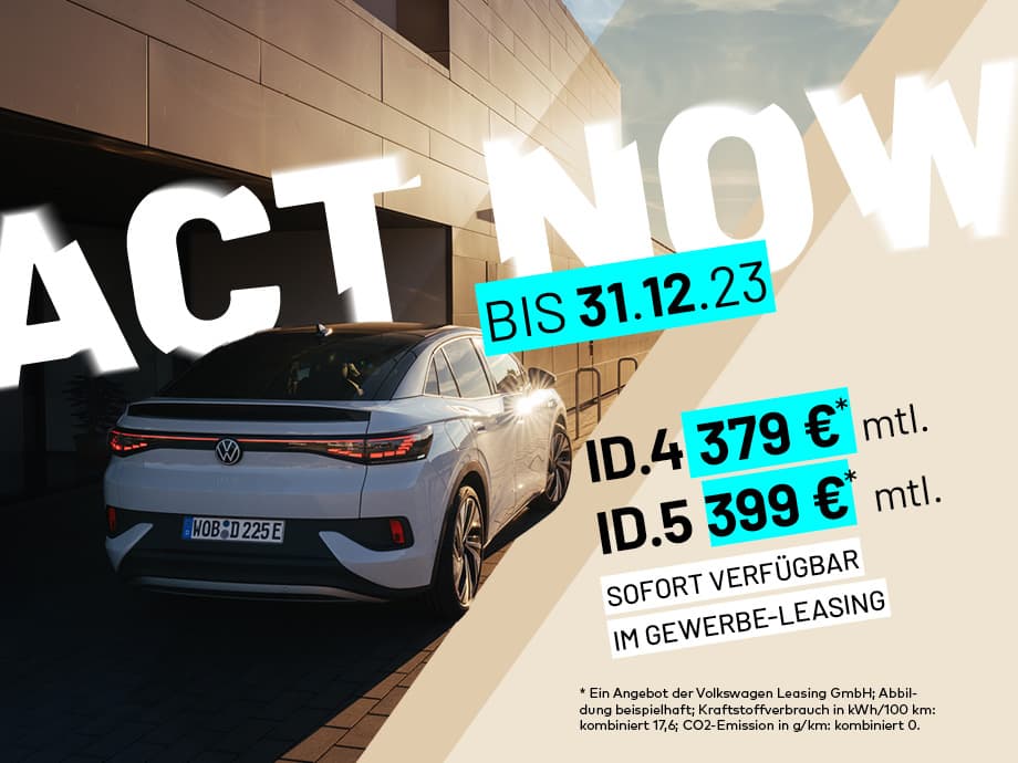 Jetzt handeln! VW ID.4 und ID.5 ab 379,- €¹. Sofort verfügbar und zum Top-Gewerbe-Deal – nur noch bis zum 31.12.