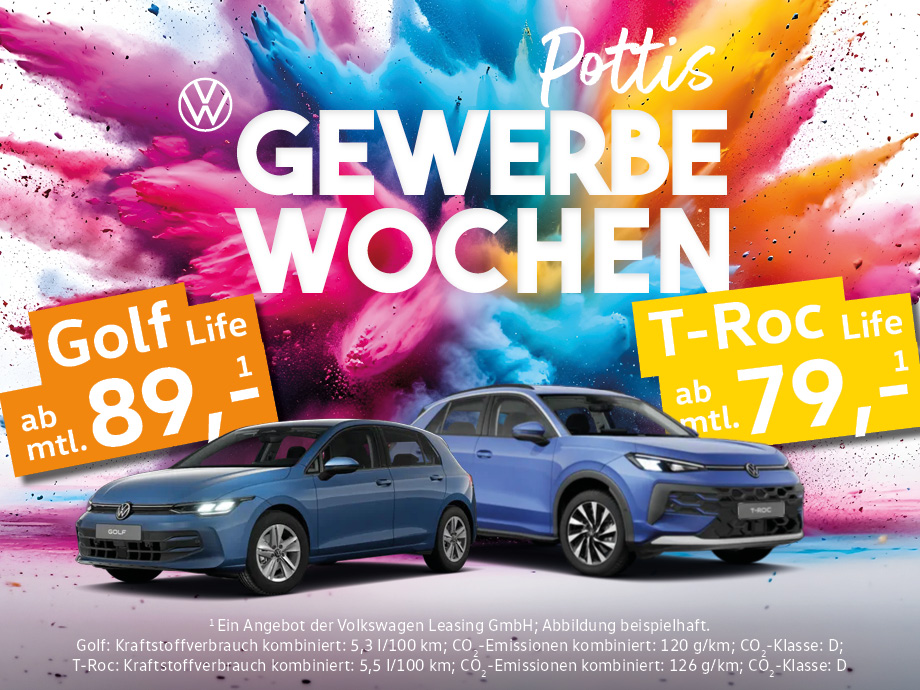 Die VW Gewerbewochen bei POTTHOFF. Sichern Sie sich den VW T-Roc Life oder VW Golf Life ab...