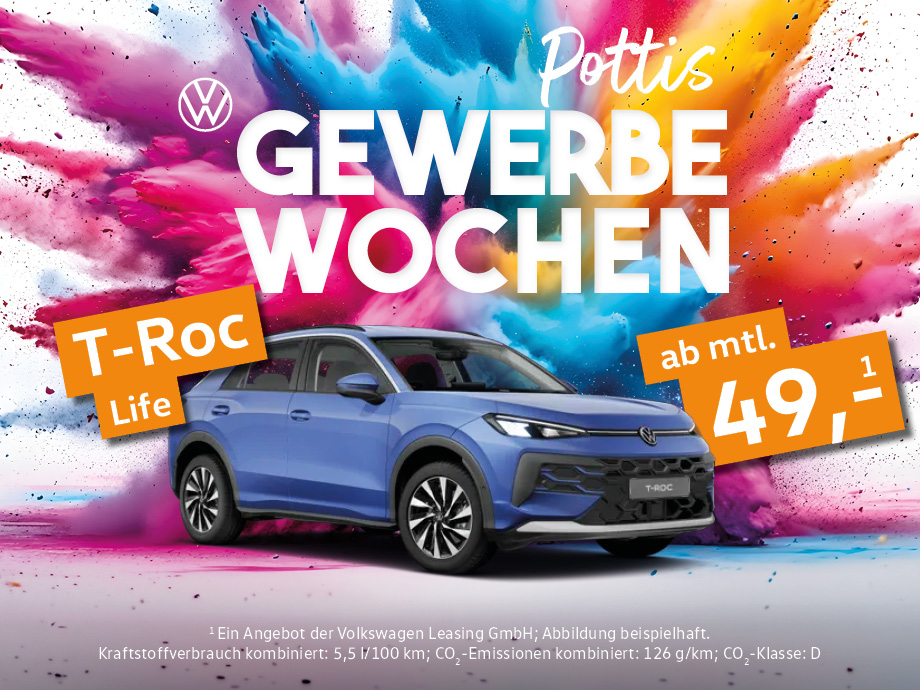 Das Auto für Ihr Business Life. Der VW T-Roc Life im Gewerbeleasing ab 49,- €¹ mtl. bei PO...