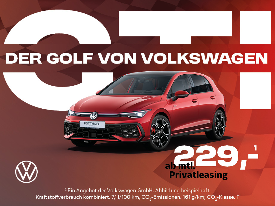 Illustration zur Abbildung des Angebotes: Der VW Golf GTI startet ab 229,- €¹ mtl. in eine Liga, in der Fahrspaß zum Alltag gehört!