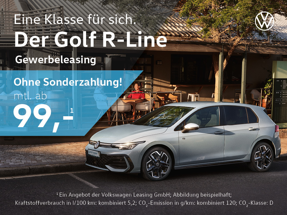 Das Upgrade für Ihren Fuhrpark! Der VW Golf R-Line im Gewerbeleasing schon ab 99,- €¹ mtl.