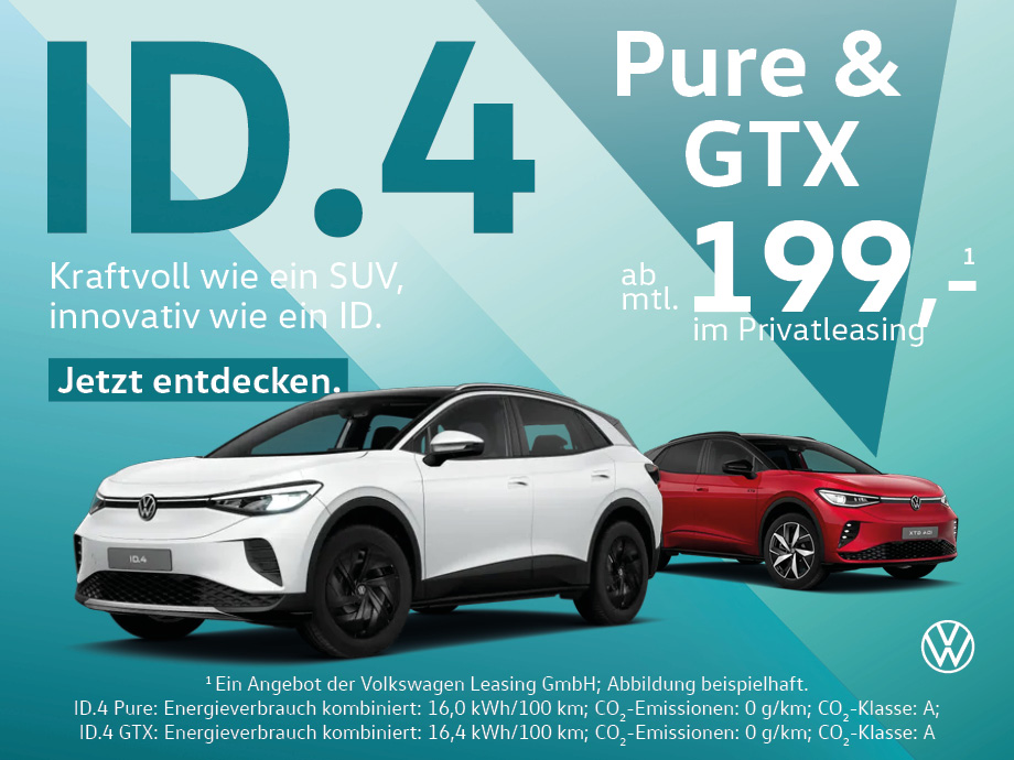 Elektrisch fährt Voraus. Der ID.4 GTX oder ID.4 Pure im Privatleasing ab 199,- €¹ mtl.