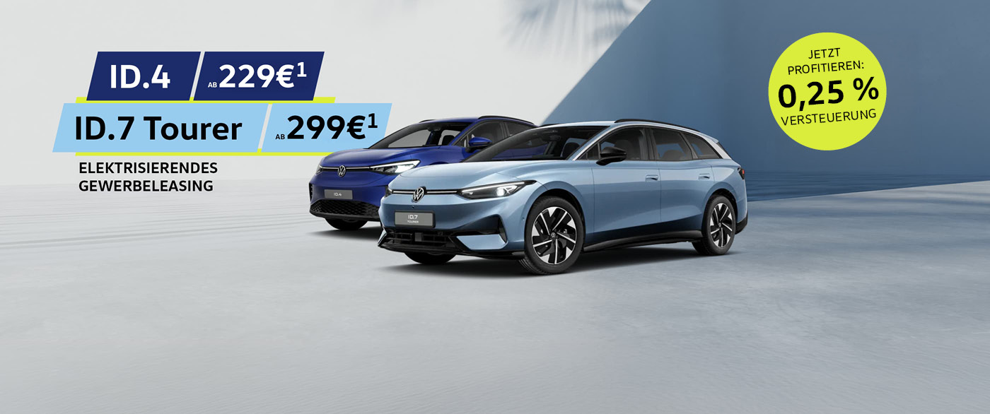 Herobild: Der VW ID.4 und ID.7 Tourer bei POTTHOFF – Elektrisierende Angebote für Ihren Bu...