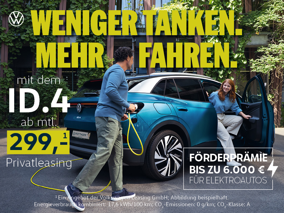 Weniger tanken. Mehr fahren. Der VW ID.4 im Privatleasing schon ab 299,- €¹ mtl.