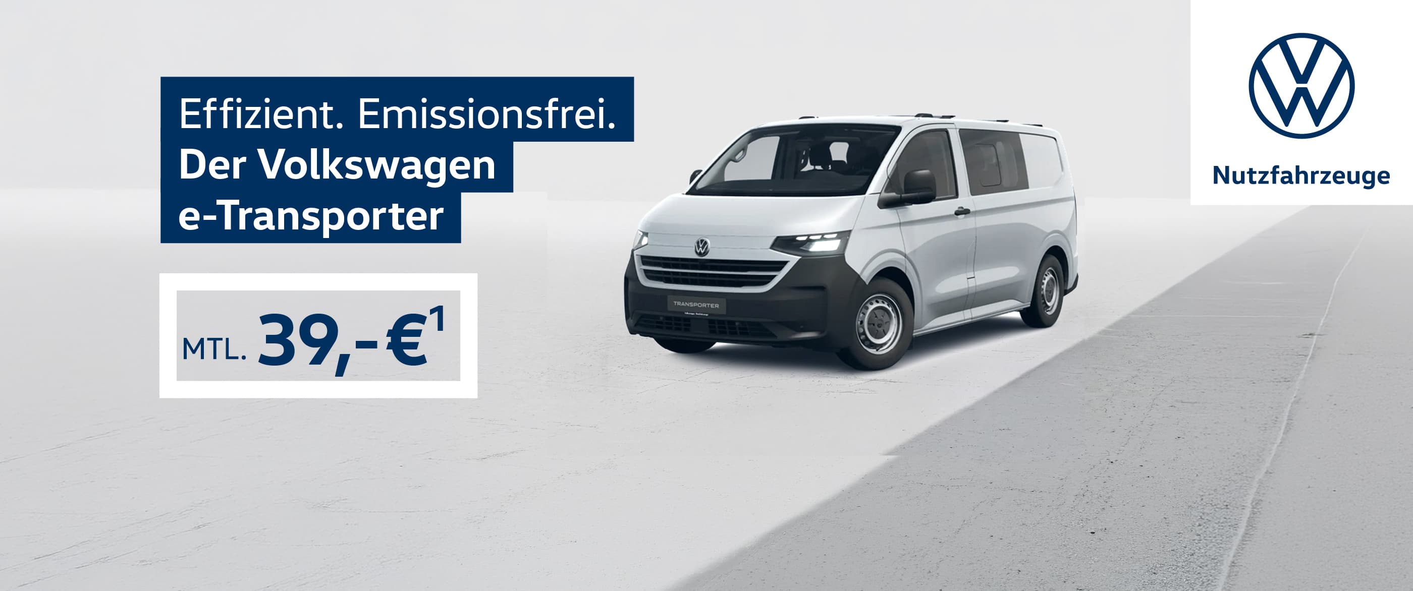 Herobild: Der VW e-Transporter im Gewerbeleasing bei POTTHOFF. Monatlich 39,- €¹ emissions...