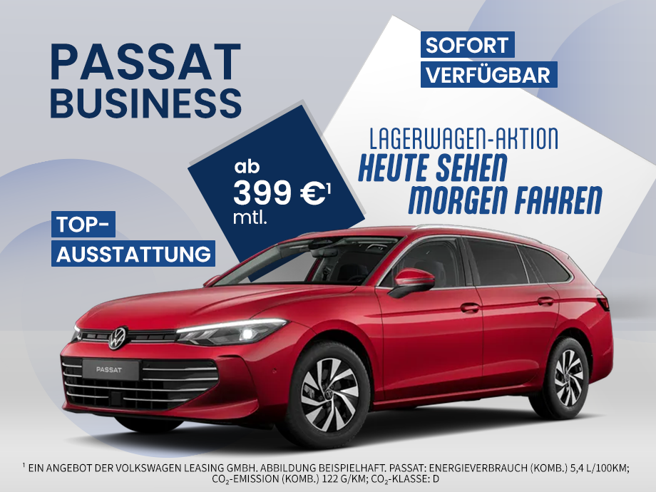 Illustration: Der VW Passat Business als Lager-Neuwagen für 399,- €¹ bei POTTHOFF!