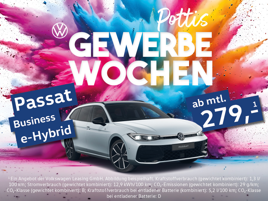 Jetzt VW Passat e-Hybrid ab 279,- € mtl.¹ bei Pottis Gewerbewochen sichern!