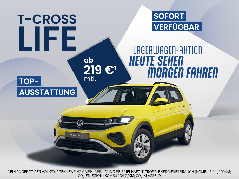 Illustration: Der VW T-Cross Life als Lager-Neuwagen für 219,- €¹ bei POTTHOFF!