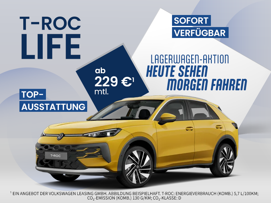 Illustration: Der VW T-Roc Life als Lager-Neuwagen für 229,- €¹ bei POTTHOFF!