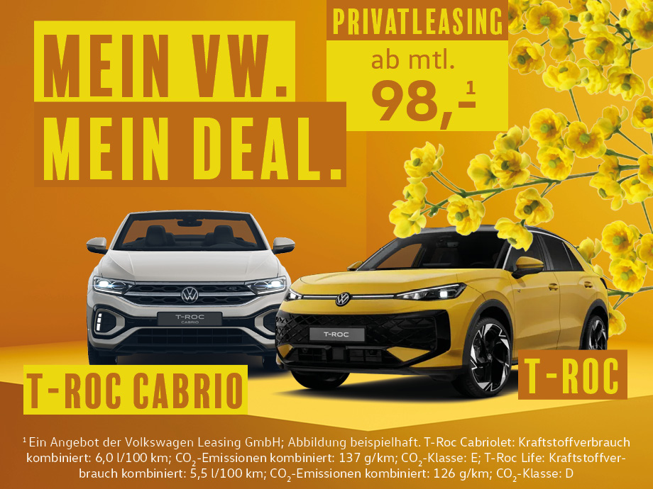 T-Roc oder Cabriolet? Wir haben beides für Sie im Privatleasing ab 98,- €¹ mtl. – Jetzt be...